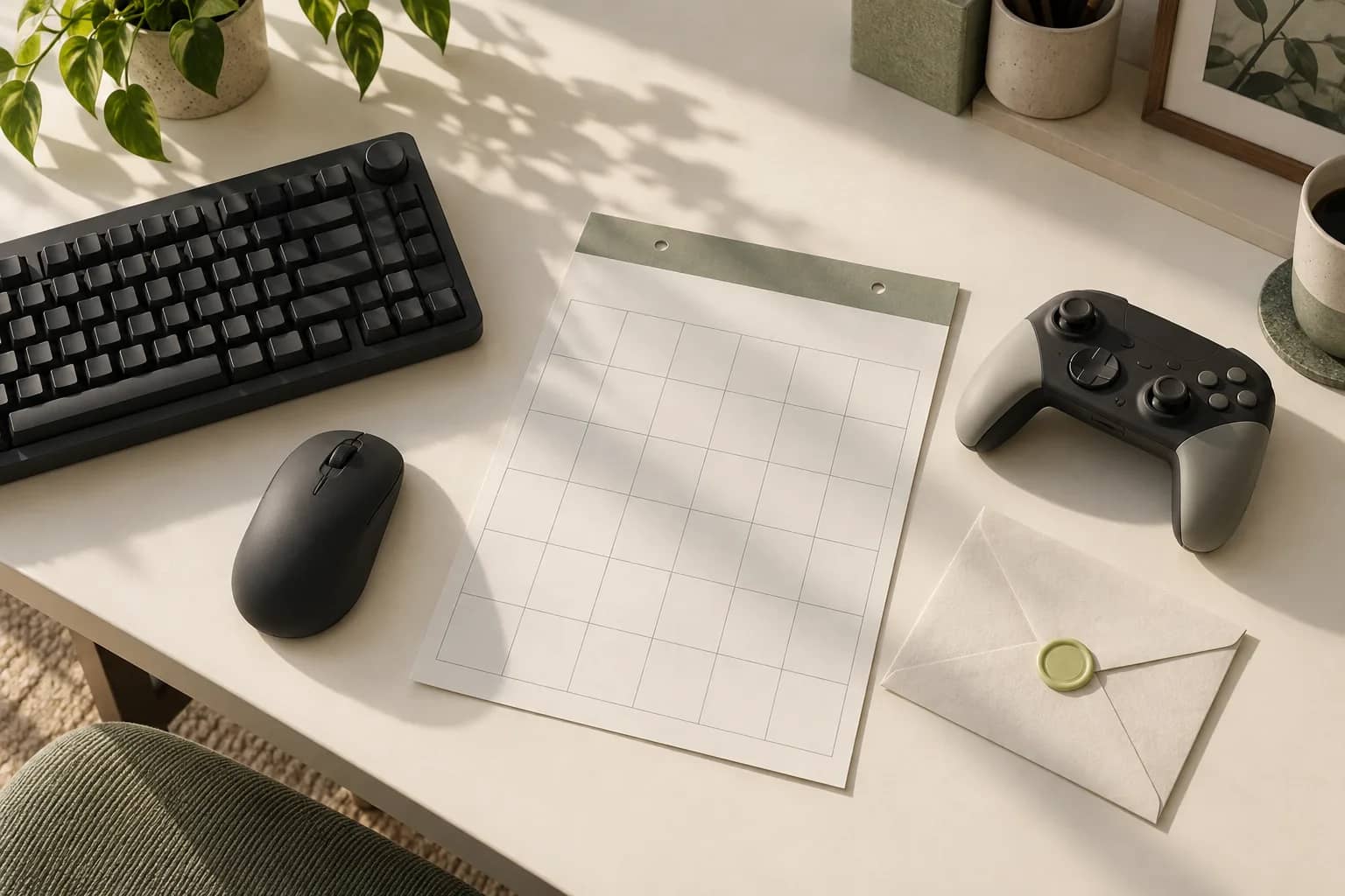 PC keyboard and mouse on one side, a game controller on the other, with a blank calendar page and a sealed envelope between them