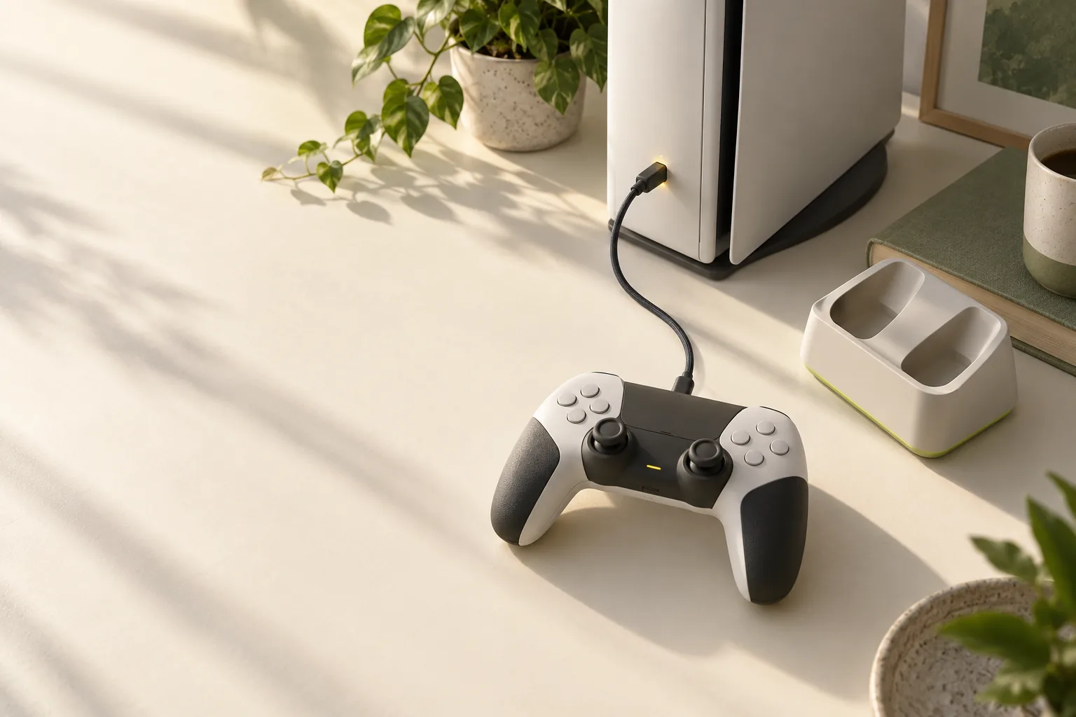 Generic game controller plugged into the front port of an upright white console, with an empty charging cradle nearby
