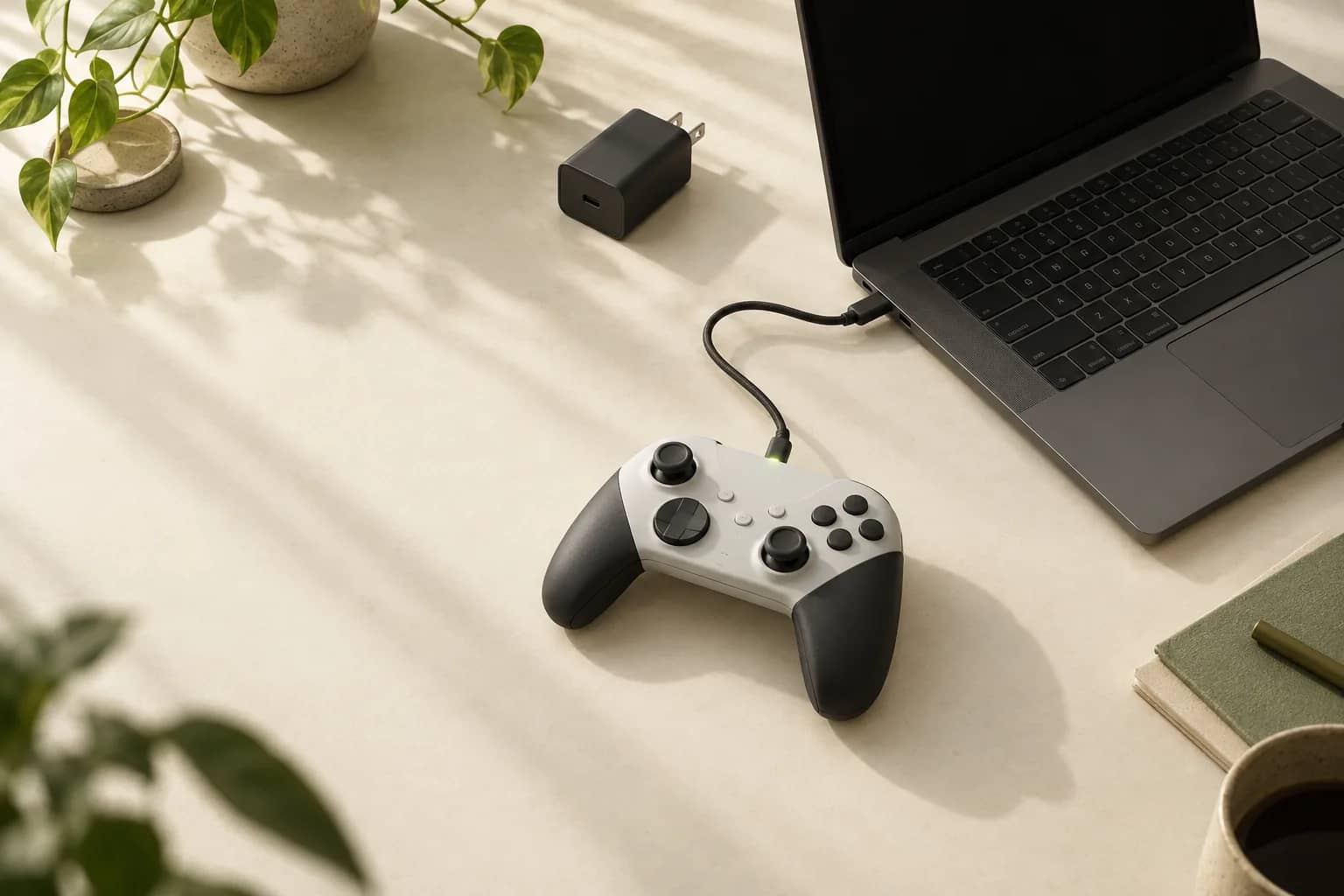 Generic game controller connected by a USB-C cable to the side port of a laptop, with a wall charger on the desk