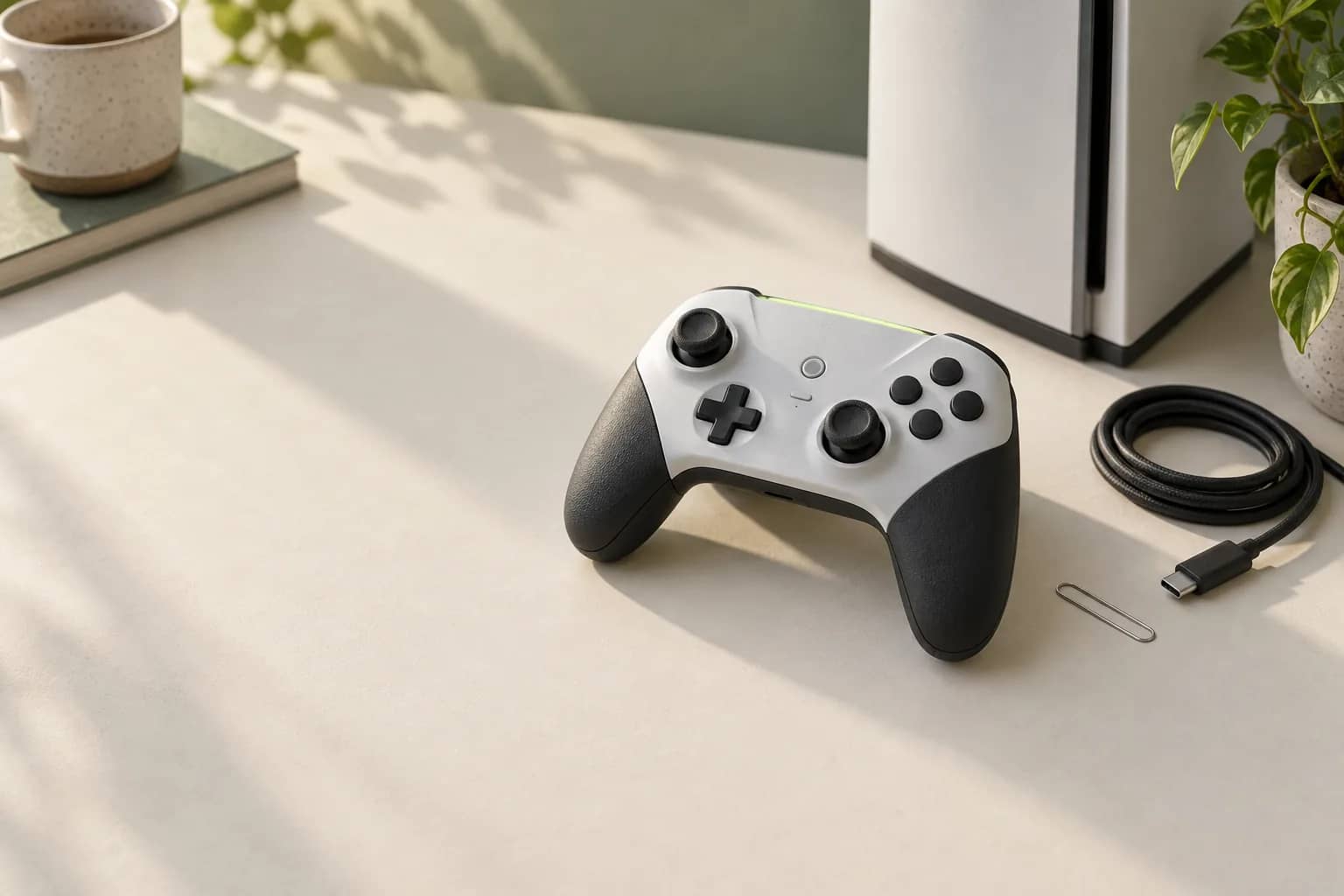 Generic white and charcoal game controller beside an upright console, a USB-C cable and a straightened paperclip on a warm desk