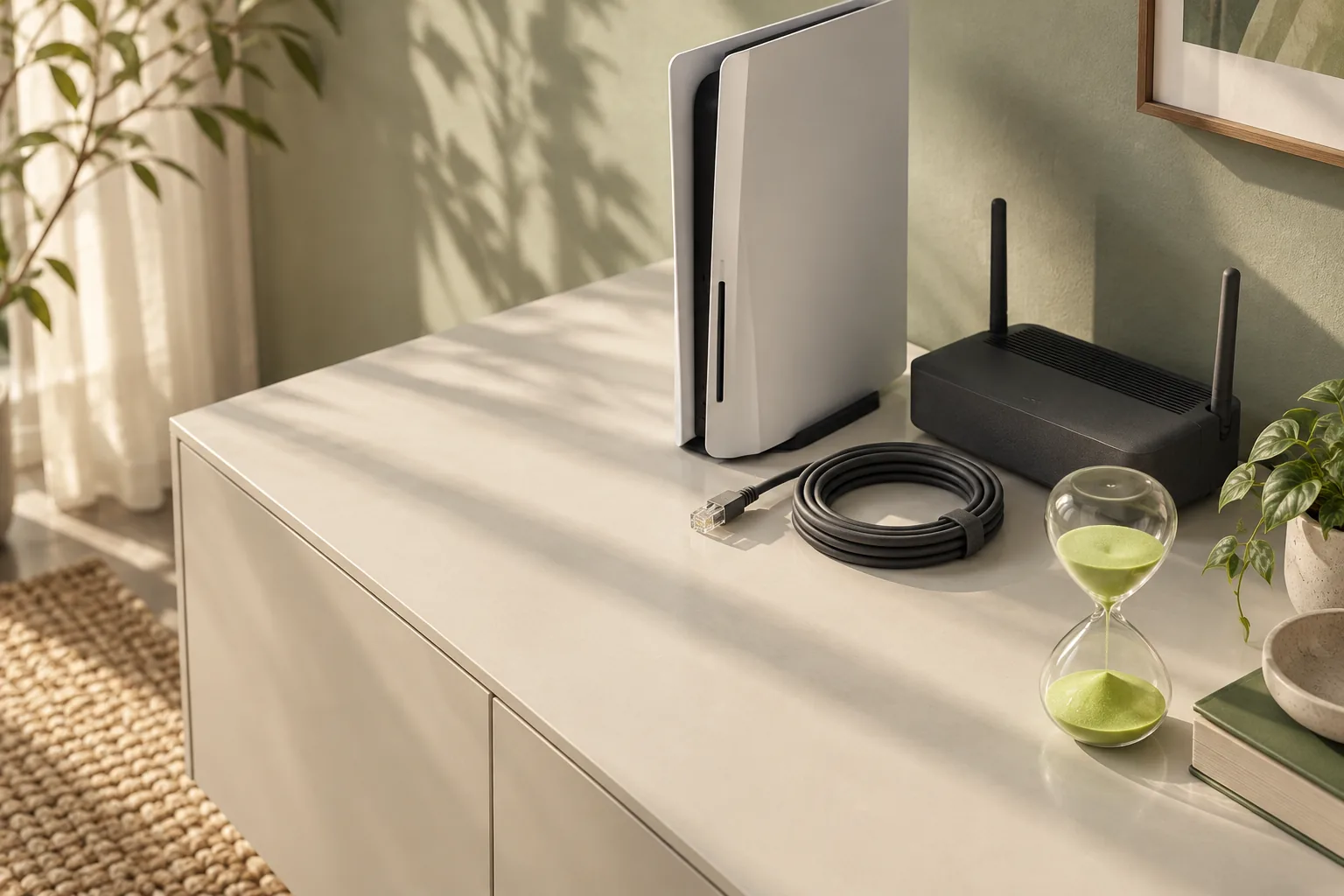 Upright white console beside a Wi-Fi router, a coiled Ethernet cable and an hourglass on a sideboard