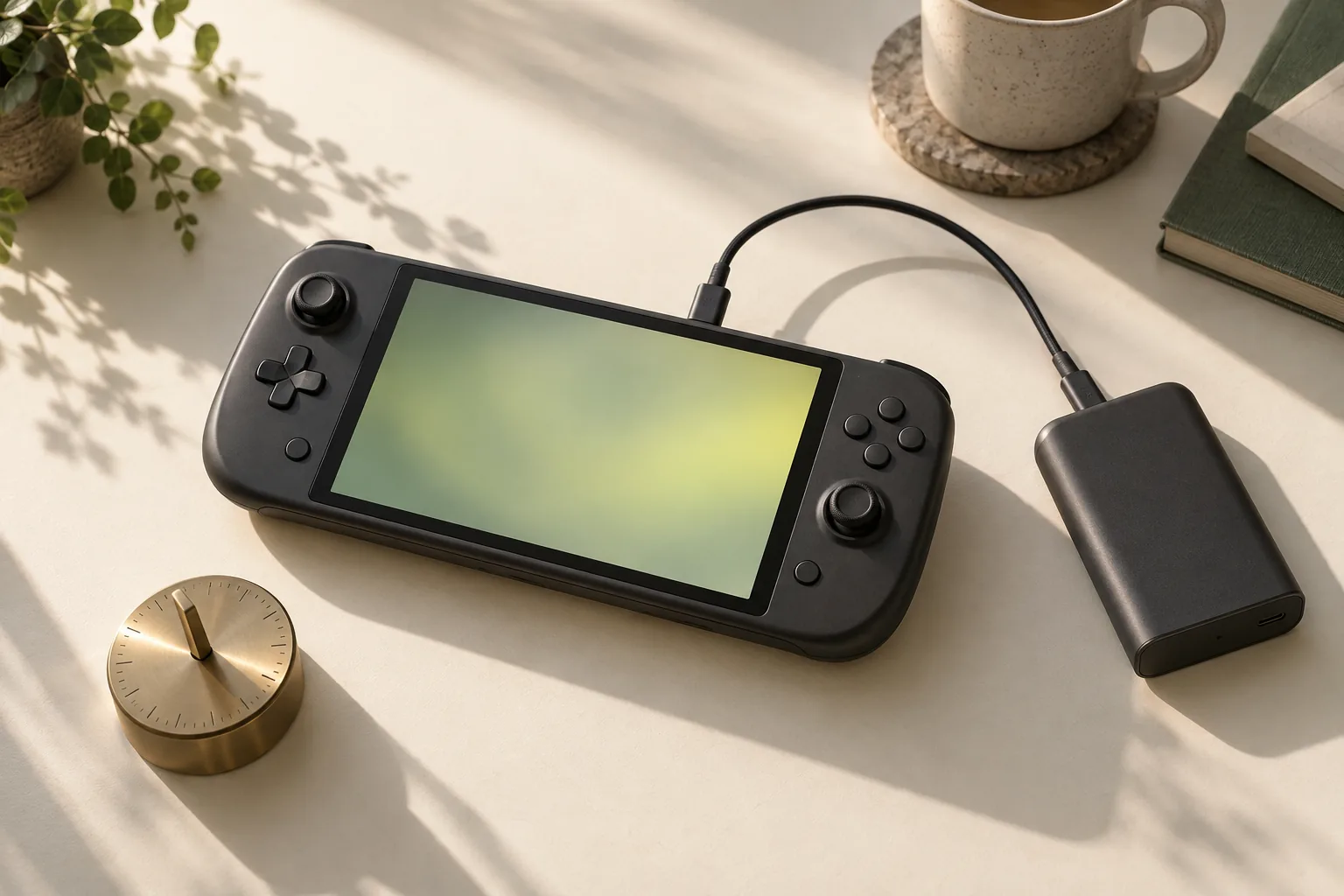 Generic handheld gaming PC connected to a compact power bank, with a brass desk timer in the foreground