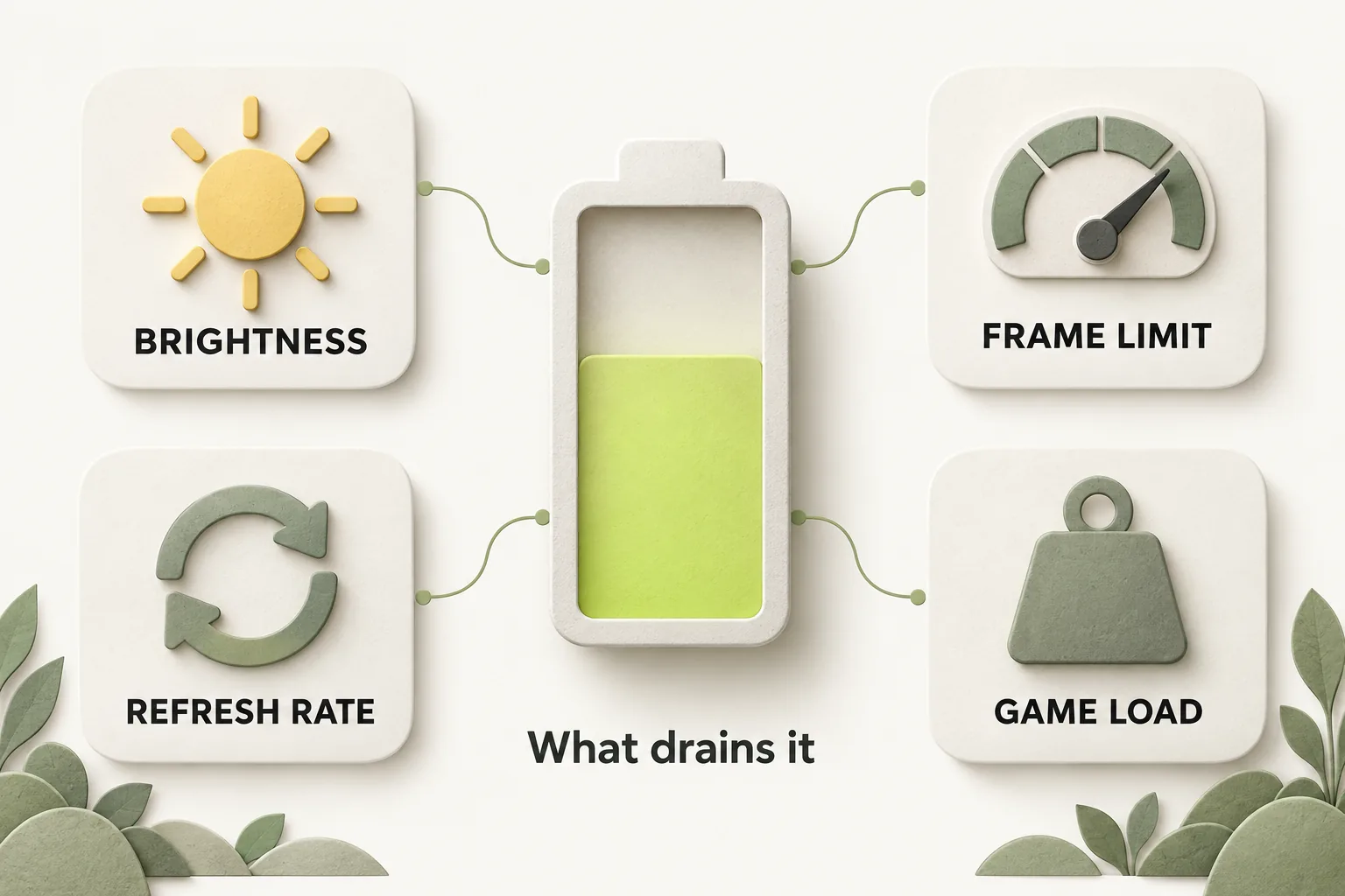 Battery surrounded by the four things that drain it: brightness, frame limit, refresh rate and game load
