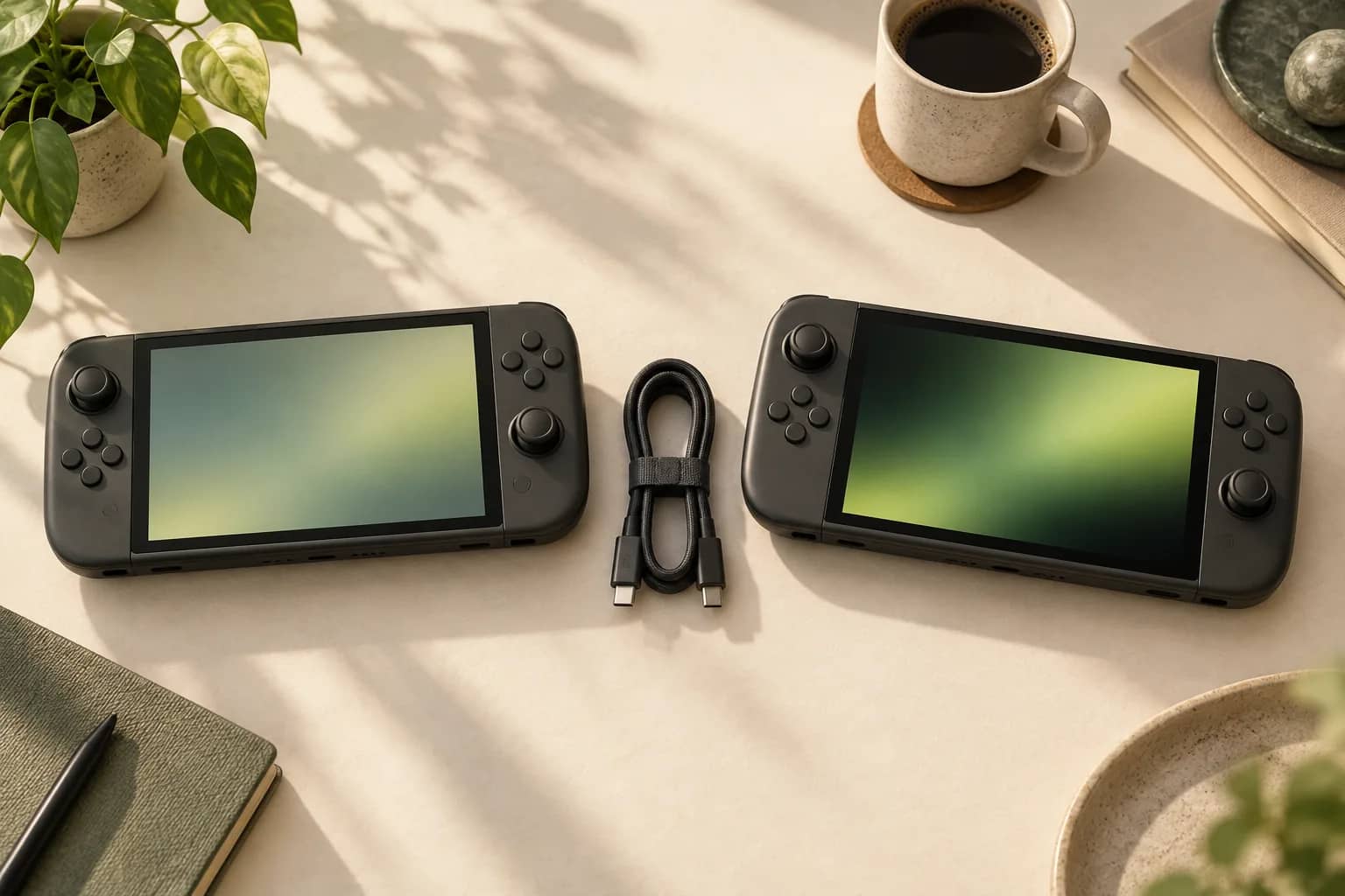 Two identical generic handheld gaming PCs side by side, one with a softer screen and one with deeper blacks