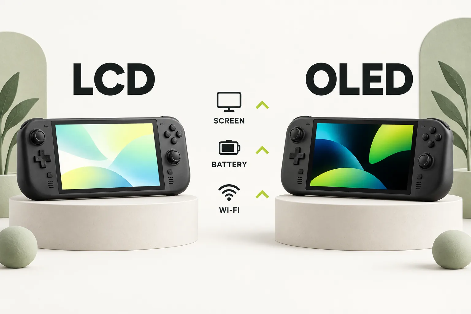 Two handheld gaming PCs compared on screen, battery and Wi-Fi, with the OLED model ahead on each