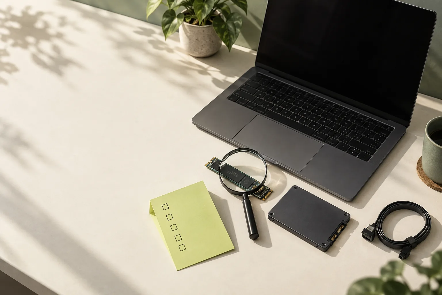 Laptop beside a bare M.2 drive under a magnifying glass, a 2.5-inch SSD and a blank checklist card