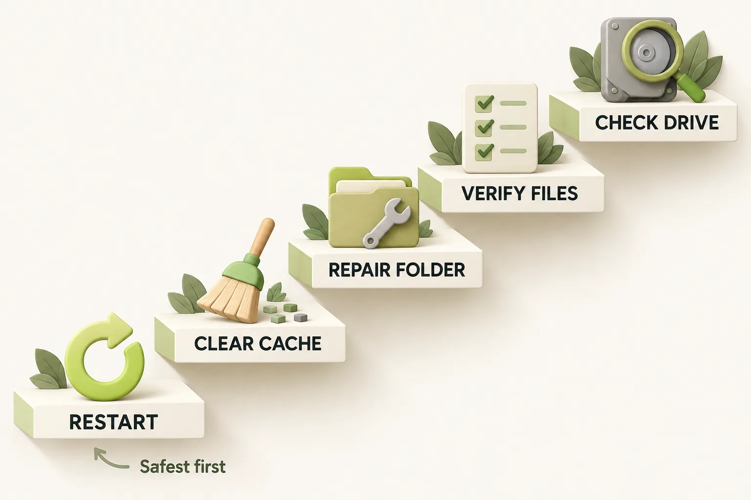 Ladder of safe Steam fixes from restart to clear cache, repair folder, verify files and check drive