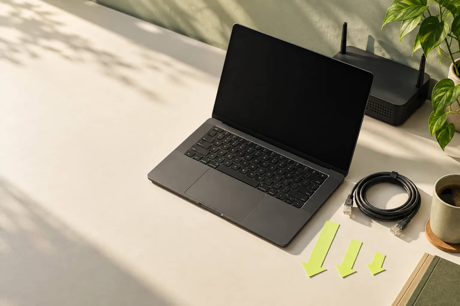 Laptop and Wi-Fi router with an Ethernet cable and three paper arrows of different lengths pointing down