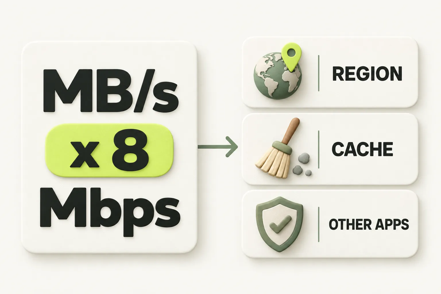 Conversion card showing MB/s times 8 equals Mbps, next to region, cache and other apps checks