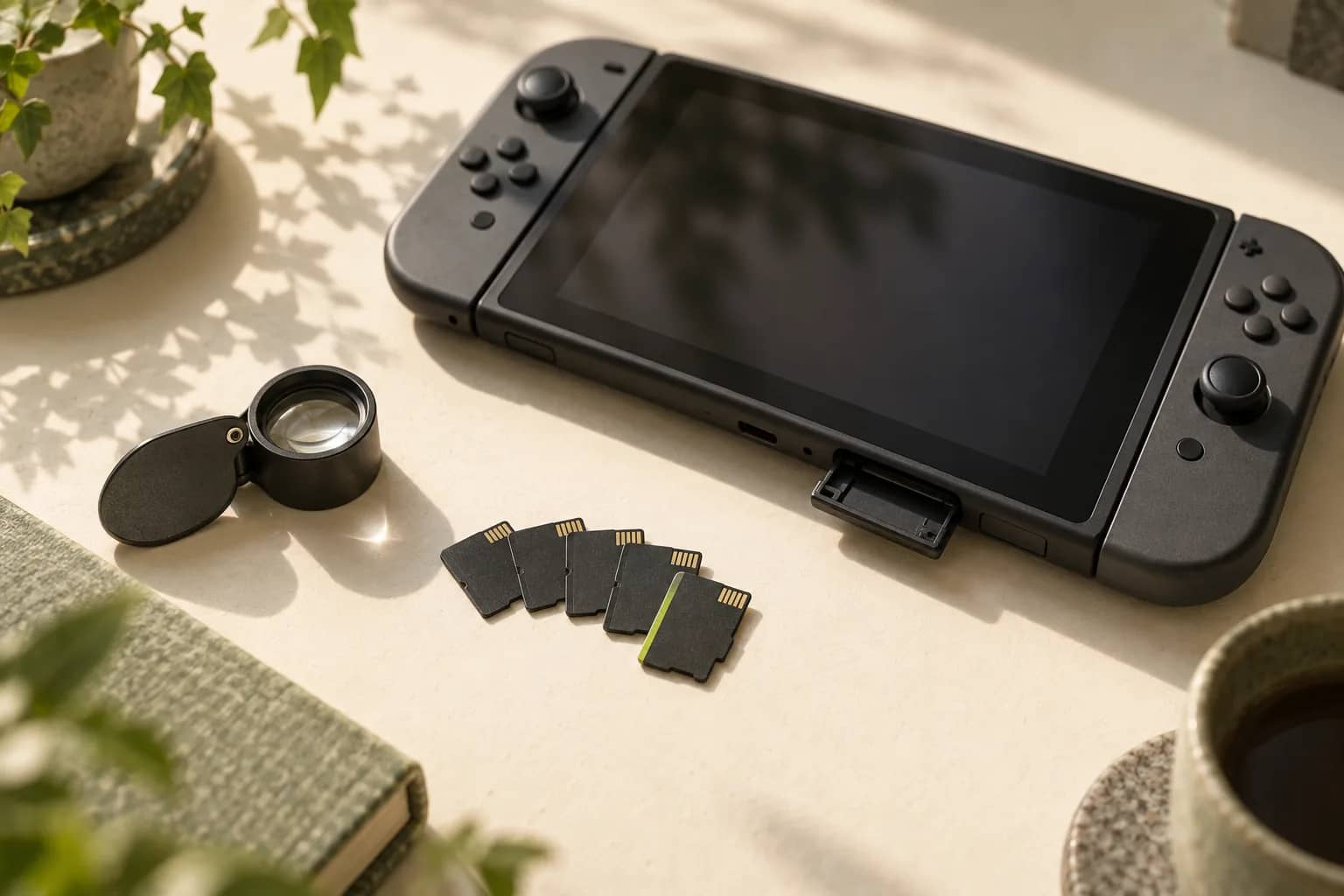 Five tiny memory cards fanned out beside a generic hybrid handheld console with its card slot open and a loupe