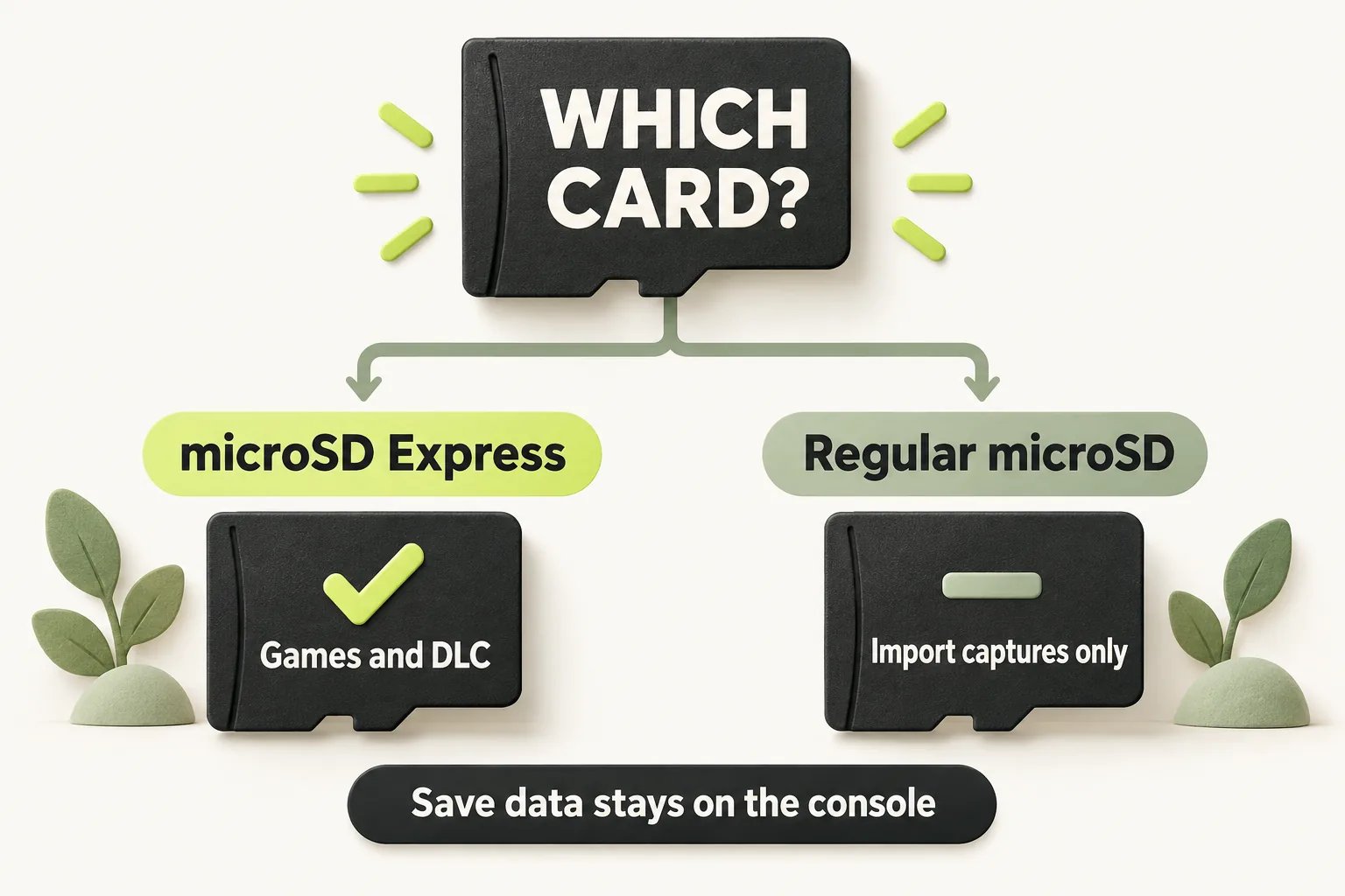 Decision tree: microSD Express cards hold games and DLC, regular microSD cards only import captures, saves stay on the console