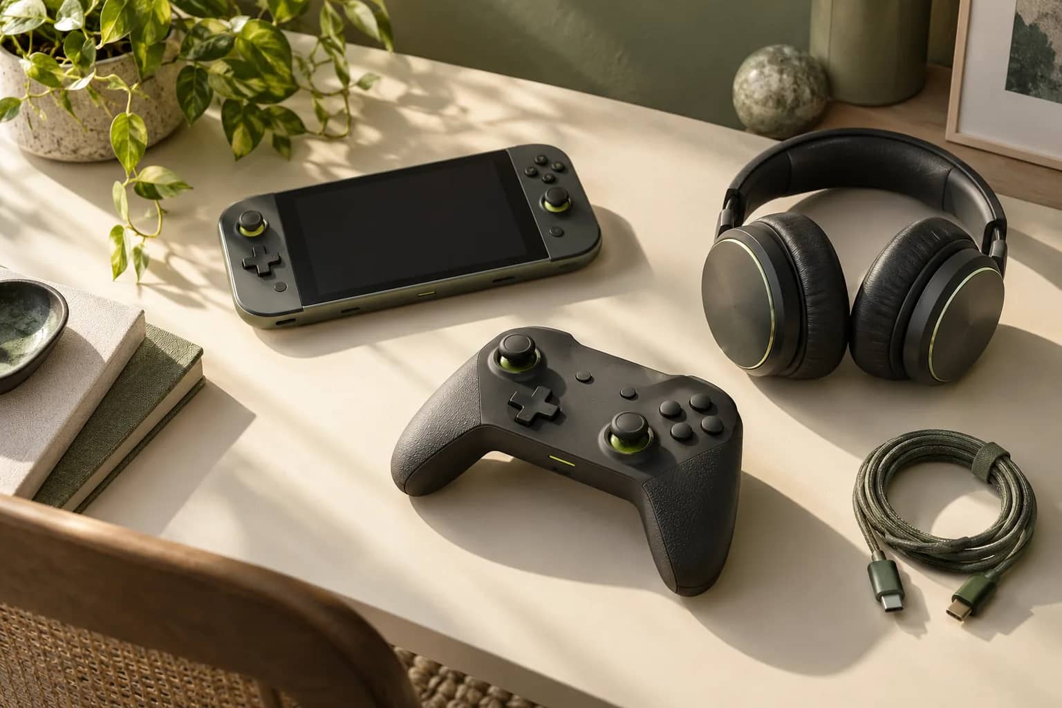 Illustrative still life of unbranded gaming gear on a sunlit desk